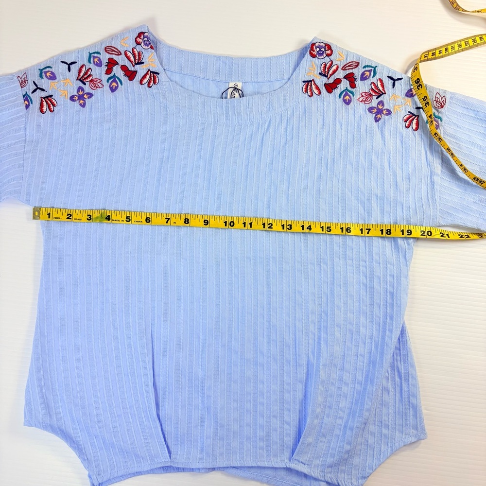 Embroidered Flower Shoulder Top Blue Ribbed Short Sleeve Boho Blouse Soft Girl - Picture 6 of 9